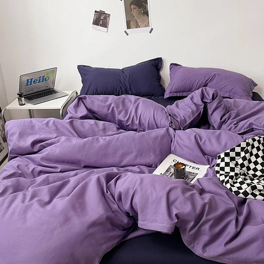 Pure Cotton Reversible Duvet Cover Set -  Purple & Navy Blue