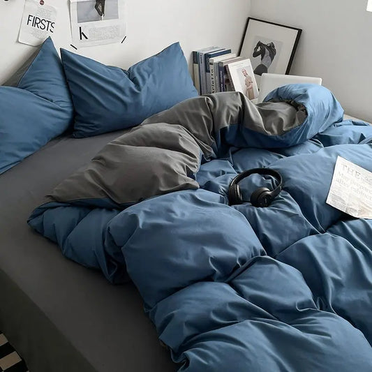 Pure Cotton Reversible Duvet Cover Set - Denim Blue & Grey