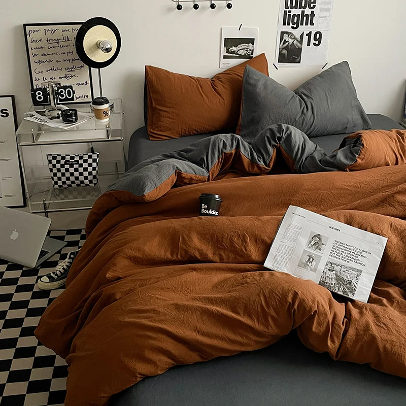 Pure Cotton Reversible Duvet Cover Set - Rust Brown & Grey