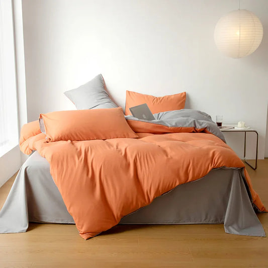 Pure Cotton Reversible Duvet Cover Set - Orange & Light Brown