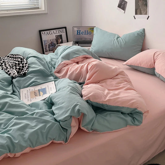 Pure Cotton Reversible Duvet Cover Set - Aqua Green & Light Pink