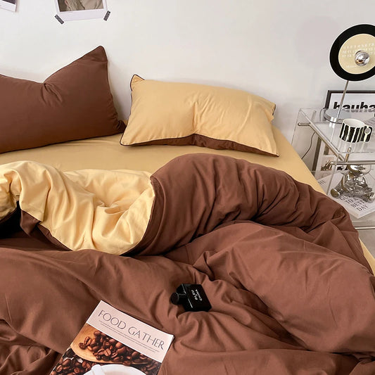 Pure Cotton Reversible Duvet Cover Set - Brown & Golden