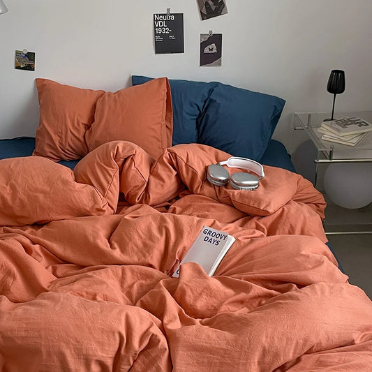 Pure Cotton Reversible Duvet Cover Set - Orange & Blue