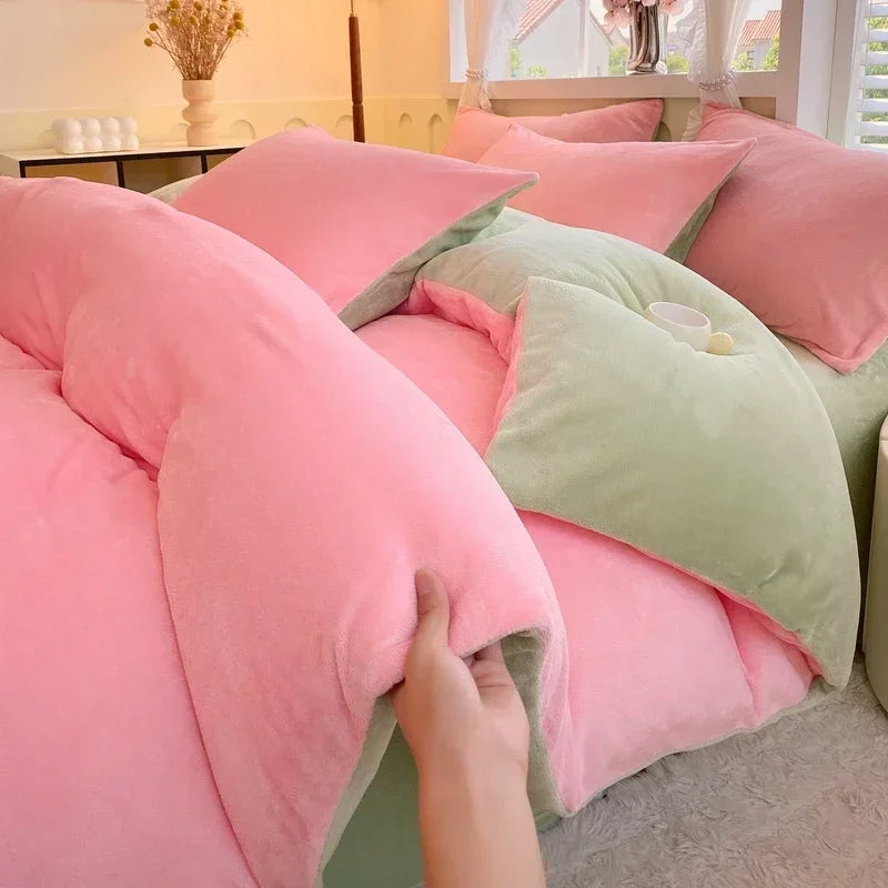 Reversible Velvet Duvet Cover - Baby Pink & Apple Green