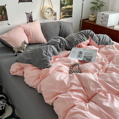 Pure Cotton Reversible Duvet Cover Set - Peach Pink & Grey