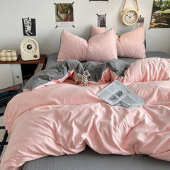 Pure Cotton Reversible Duvet Cover Set - Peach Pink & Grey