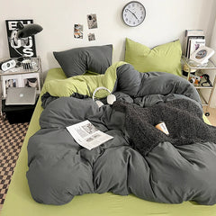 Pure Cotton Reversible Duvet Cover Set - Dark Grey & Apple Green