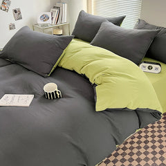 Pure Cotton Reversible Duvet Cover Set - Dark Grey & Apple Green