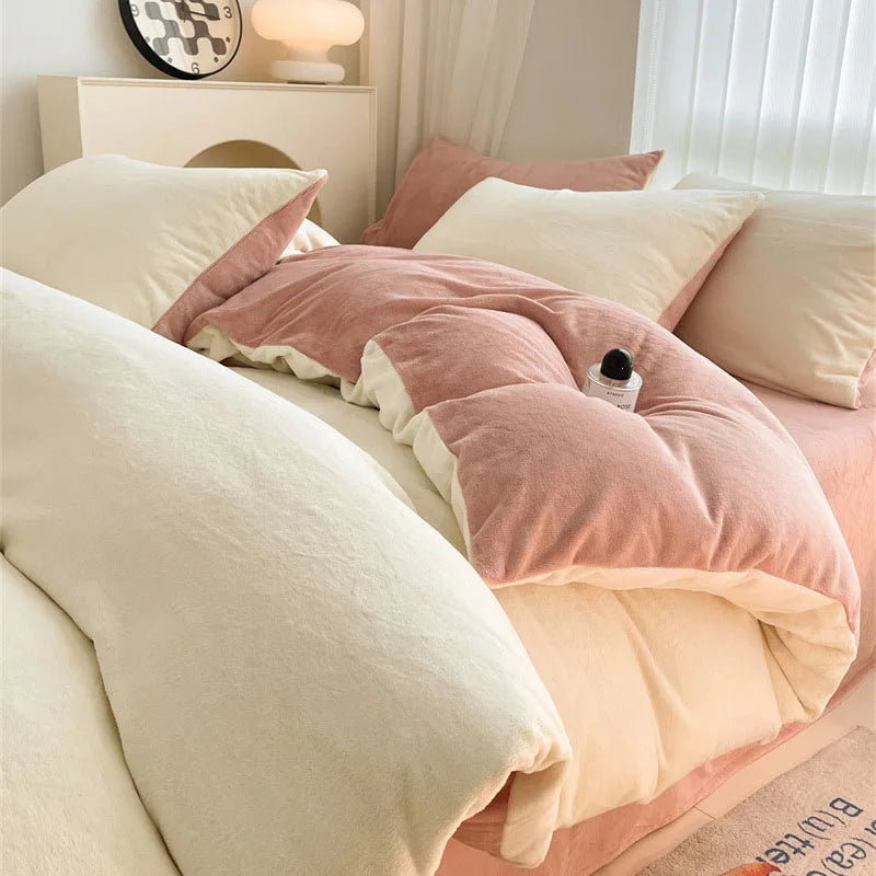 Reversible Velvet Duvet Cover With Velvet Sheet - Off White and Powder Pink