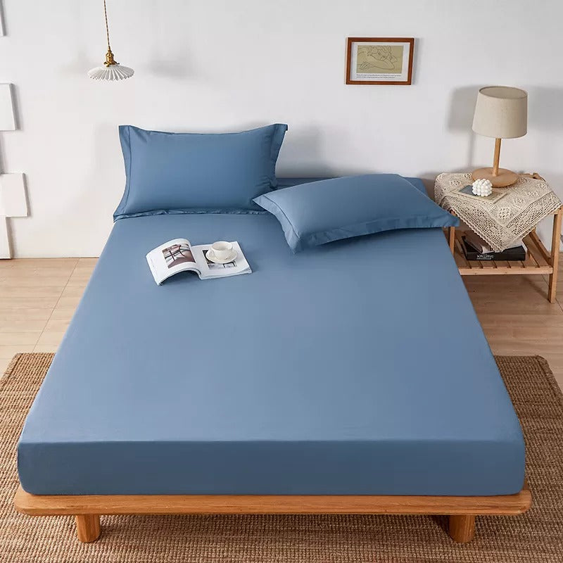 Cotton Fitted Bed Sheet With Pillows - Light Blue