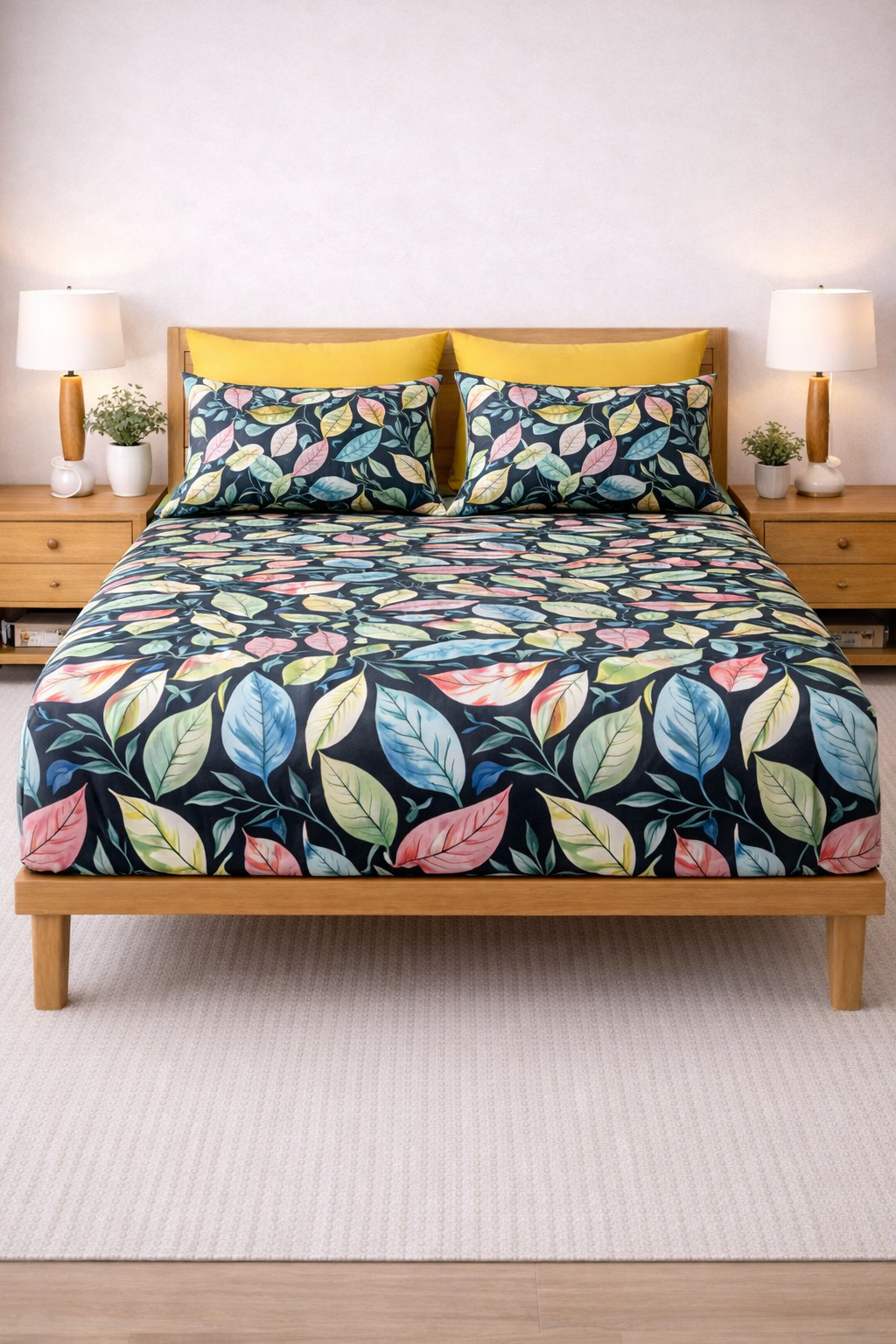 Pure Cotton Fitted Sheet Set - Neon Leaves
