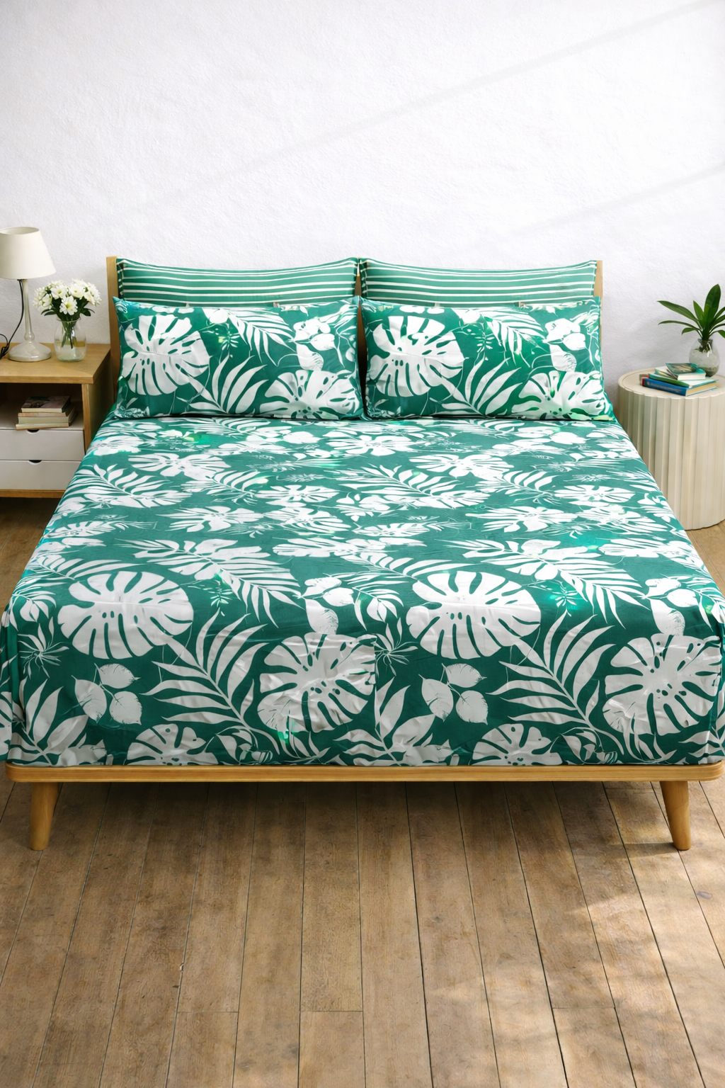 Pure Cotton Fitted Sheet Set - Palm Leaves