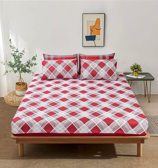 Pure Cotton Bed Sheet Set - Red Blocks