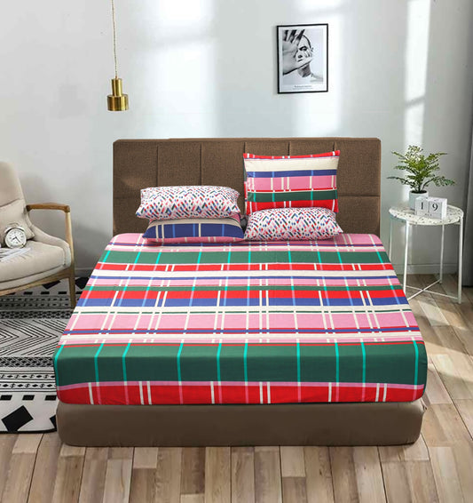 4 Pillows Printed Fitted Bed Sheet  - Multi Checkered