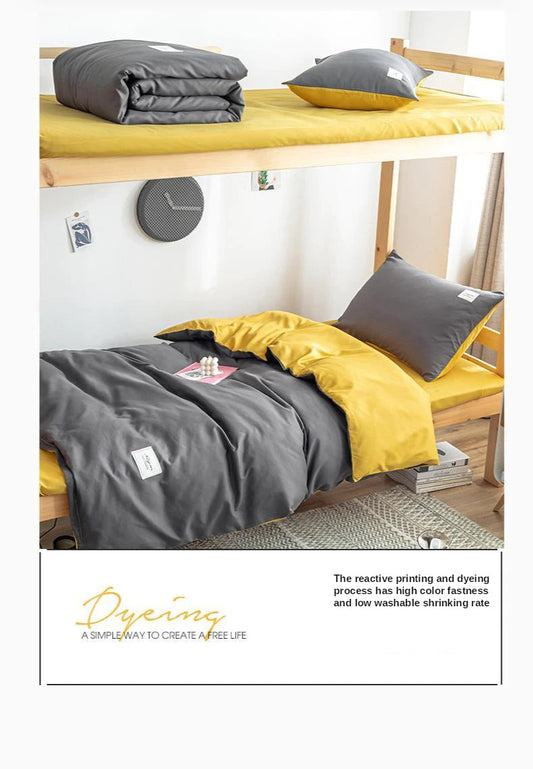 Reversible Duvet Cover With Fitted Sheet - Mustard Grey