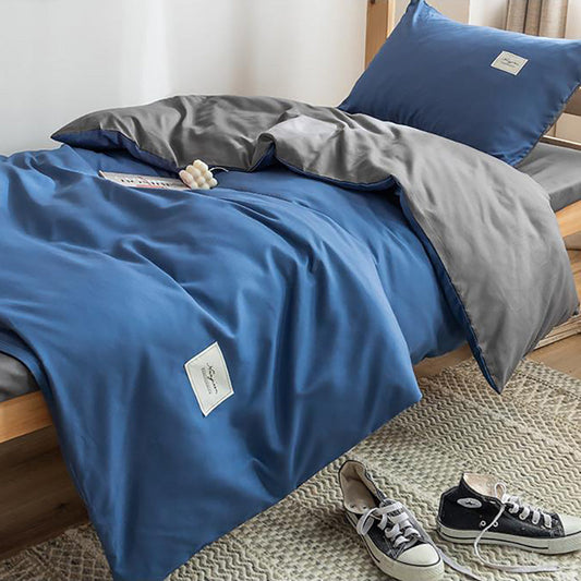 Reversible Duvet Cover With Fitted Sheet - Denim Blue With Grey