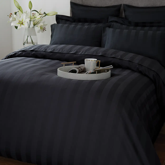 Cotton Sateen Stripe Duvet Cover Set - Midnight Black